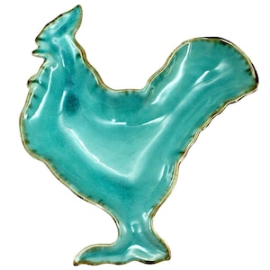 Ceramic Teal Rooster Plate – Farmhouse Kitchen Décor, Fruit Dish, Serving Dish, Desert Dish, Appetizer Plate, Trinket Tray, Unique Gift