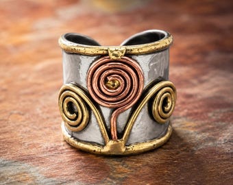 Spiral Flower Cuff Ring | Mixed Metal Adjustable Ring | Copper Brass Stainless Steel | Boho Spiritual Jewelry | Artisan Ring