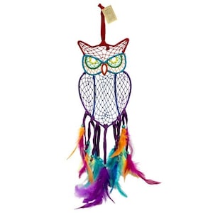Owl Rainbow Dreamcatcher, Handmade Owl Dreamcatcher with Rainbow Feathers