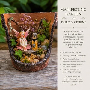 Manifesting Fairy Garden Kit | Broken Clay Pot Planter | DIY Abundance Crystal Garden with Fairy & Citrine Bottle | Magical Fairy Garden