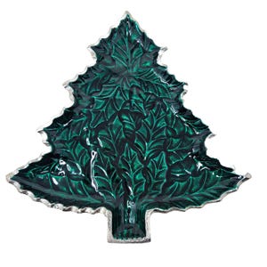 Shimmery and festive Ceramic Glazed Christmas Tree plate platter for appetizers, candy, desserts, cookies in deep green or wintery white