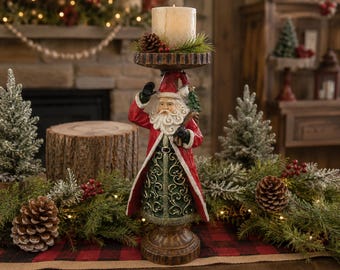 Red Santa Candle Holder Pedestal | Christmas Centerpiece | Resin Santa Decor | Farmhouse Holiday Mantel | Collect All 3 Designs