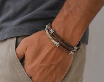 Men's Unisex Brown Leather Bracelet, 3 Strand Handcrafted Leather Bracelet, Rustic Boho Bracelet, Earthy Unisex Jewelry, Gift for Him