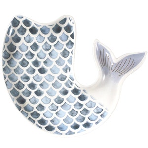 Blue and White Ceramic Mermaid Dish for small appetizers, cookies, jewelry or trinkets | Beachy Lake Décor