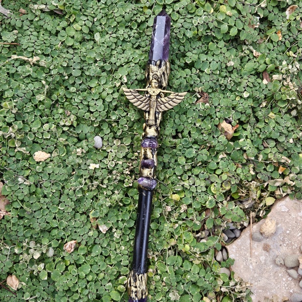 Magick Wand - Amethyst Point with gold Isis known for enhanced intuition, clarity, spiritual growth, Isis provides protection and healing