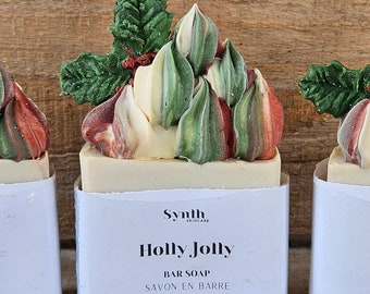 Handcrafted Holly Jolly Artisan Vegan Soap, Stocking Stuffer, Unique Small Gift, Avocado, Shea, Coconut Milk Soap, Natural Soap