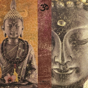 May include: A collage of two images of a golden Buddha statue. The first image shows the Buddha sitting in meditation with a beaded necklace and a flower in his lap. The second image is a close-up of the Buddha's face. The word "Om" is printed in the center of the image.