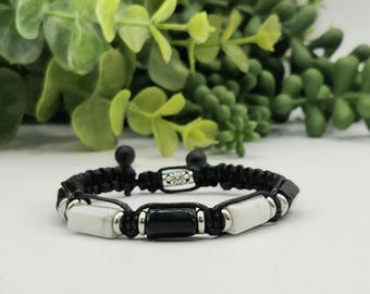 Unisex, Men's Adjustable Gemstone Bracelet for Protection,Calmness, 8 -9.5 inches, White Howlight, Black Tourmaline Grounding intention gift