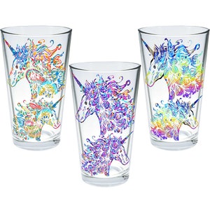 May include: Set of three clear glass tumblers with colorful unicorn designs. Each tumbler features a different unicorn with a swirling, psychedelic pattern.