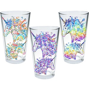 Unicorn Drink Glass Tumbler with assorted magickal unicorn designs your drink color will fill the clear areas of each glass