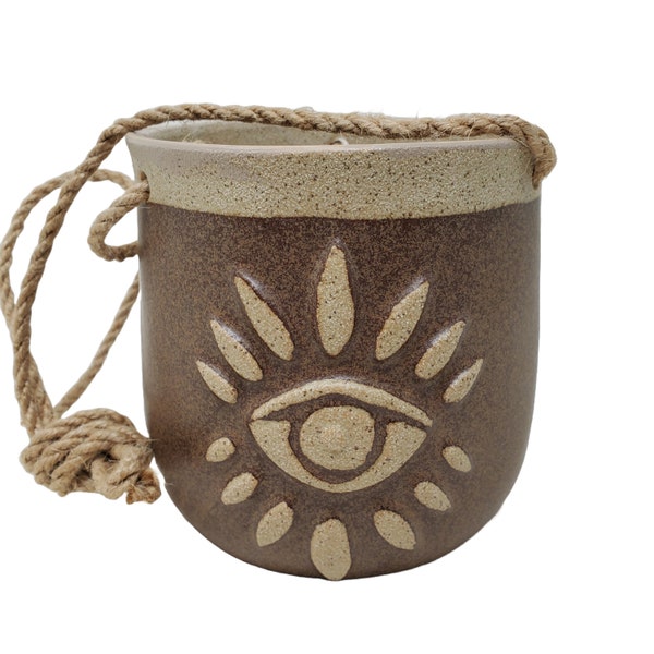 Protection Eye, Third Eye Ceramic Hanging Planter Pot with tones of Sand & Brown glaze | Garden Décor | Herb Pot | Succulent Planter