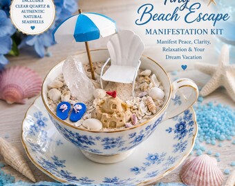 Tiny Beach Escape Manifestation Garden Kit | Clear Quartz Crystal | Beach Fairy Garden | Vacation Manifestation Kit | Coastal Decor Gift