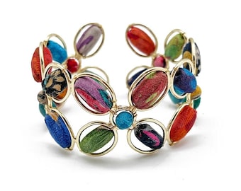 Kantha Handcrafted Oval Bead Flower Cuff Bracelet,  Sustainable Recycled Sari Jewelry by Aasha