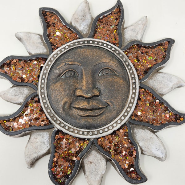 Solar Eclipse Sun and Moon Face Stepping Stone with sequined dazzling sunlight rays for garden or yard décor gift