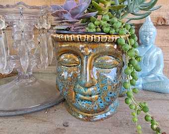 Serene Buddha Planter Pot with Blue & Brown Glaze