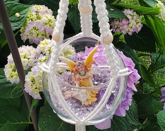 Glass Globe and Macramé Hanger for air plants, succulents, fairy garden, Terrarium Hanger with or without fairy and amethyst
