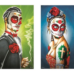 May include: Two colorful Day of the Dead art prints. One features a man in a tuxedo with a red bow tie and rose, smoking a cigarette. The other depicts a woman with a floral headpiece and a cross tattoo. Both have sugar skull face paint.