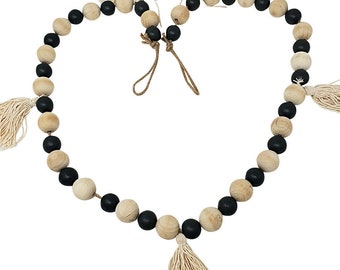 56" Green Natural Garland for Mantel, Boho Decor, Wooden Bead Garland with Tassel, Farmhouse Wooden Bead Garland, Large Wood Bead Garland