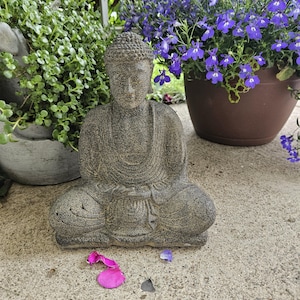 Meditating Buddha Statue – 8.5” Charcoal Gray Cast Stone Look | Zen Garden Decor for Patio, Porch, or Meditation Space
