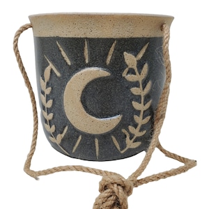 Maya Moon Garden Ceramic Hanging Planter Pot with Stone, Slate Gray Brown glaze | Garden Décor | Herb Pot | Succulent Planter | Moon Phases