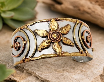 Mixed Metal Flower Cuff Bracelet, Handcrafted Silver Gold Copper Floral Bracelet, Boho Spiral Cuff, Artisan Statement Jewelry