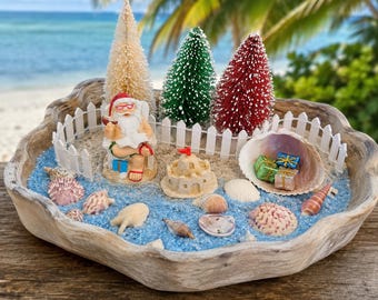 Beach Santa Fairy Garden Kit | Christmas Beach Miniature Garden | Coastal Fairy Garden | Mini Beach Christmas Village | Holiday Fairy Garden