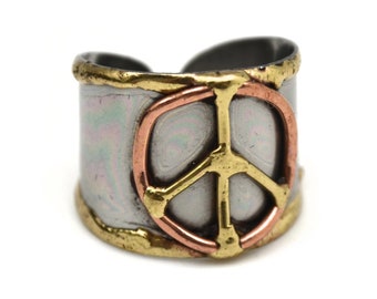 Mixed Metal  Peace Ring | Unisex Ring | Adjustable Cuff Ring with free sari silk gift bag