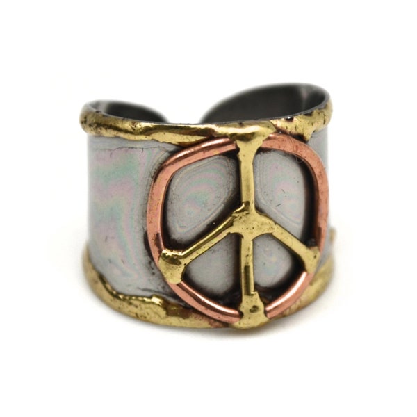 Mixed Metal  Peace Ring | Unisex Ring | Adjustable Cuff Ring with free sari silk gift bag