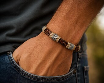 Men's Unisex Brown Leather Bracelet, Handcrafted Multi Strand Braided Leather Bracelet, Rustic Boho Jewelry, Gift for Him