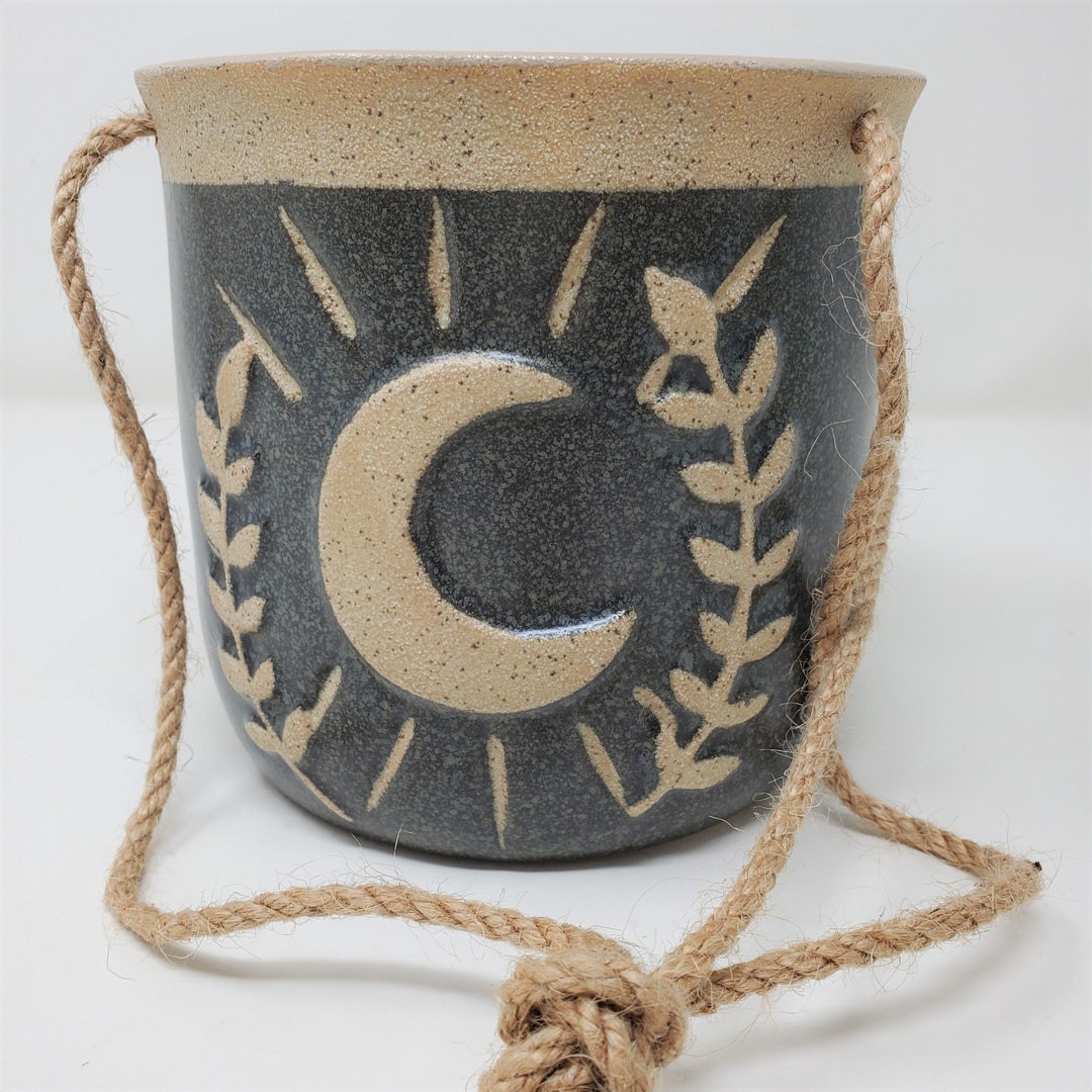 Maya Moon Garden Ceramic Hanging Planter Pot With Stone, Slate Gray