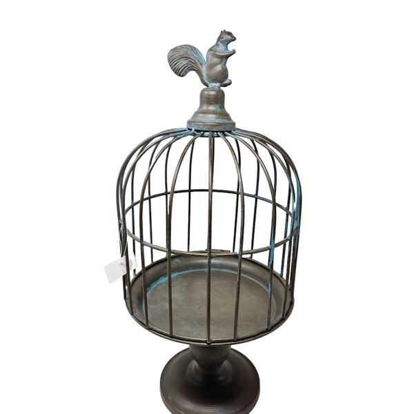 Decorative metal birdcage with faux patina finish and squirrel emblem opens for creating fairy garden, succulent garden, flowers or crafting