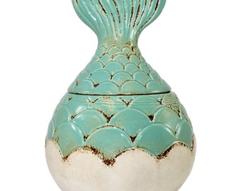 Ceramic Sea Green and Ecru Glazed Ceramic Mermaid Storage Jar with Lid, unique gift for beach, costal décor