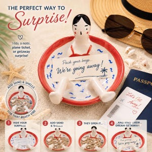 May include: A ceramic trinket dish shaped like a person sitting in a pool with a red rim and blue wave patterns. The figure has black hair and a red swimsuit. A card with the text Pack your bags... We're going away! rests in the dish.