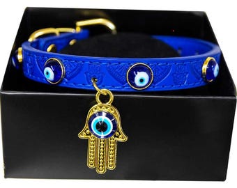 May include: Blue leather dog collar with gold accents and a charm featuring a hamsa hand with an evil eye.