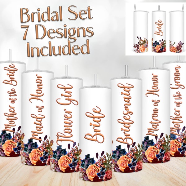 Floral Bridal Design Set, Bride wedding, Bridesmaid Proposal Gift, Bridal Party, 20oz Skinny Tumbler Sublimation Wrap, PNG Digital Download