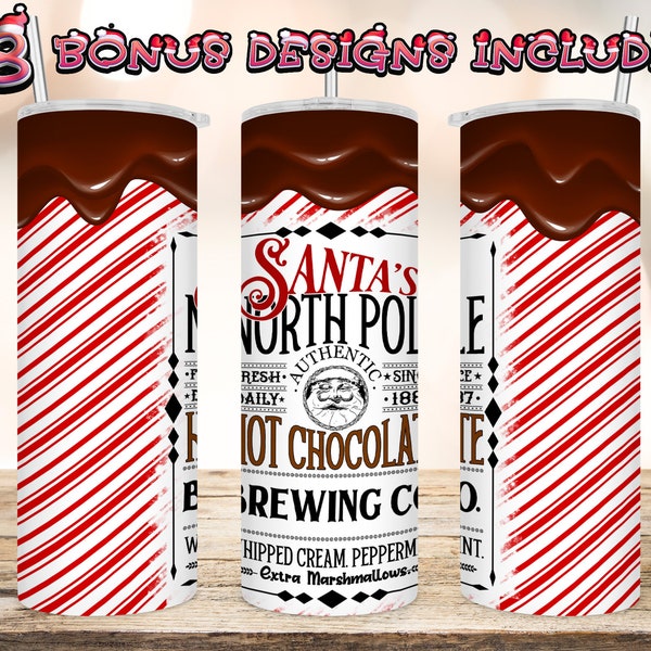 Santa Hot Chocolate, Hot Cocoa, Christmas Xmas Holiday North Pole Candy Cane, 20 oz skinny tumbler sublimation design PNG, extra designs