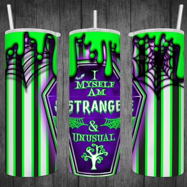 HALLOWEEN beetle Design,  Myself Strange and Unusual, Neon Green Stripes, 20oz Skinny Tumbler Sublimation Wrap, PNG Digital Download