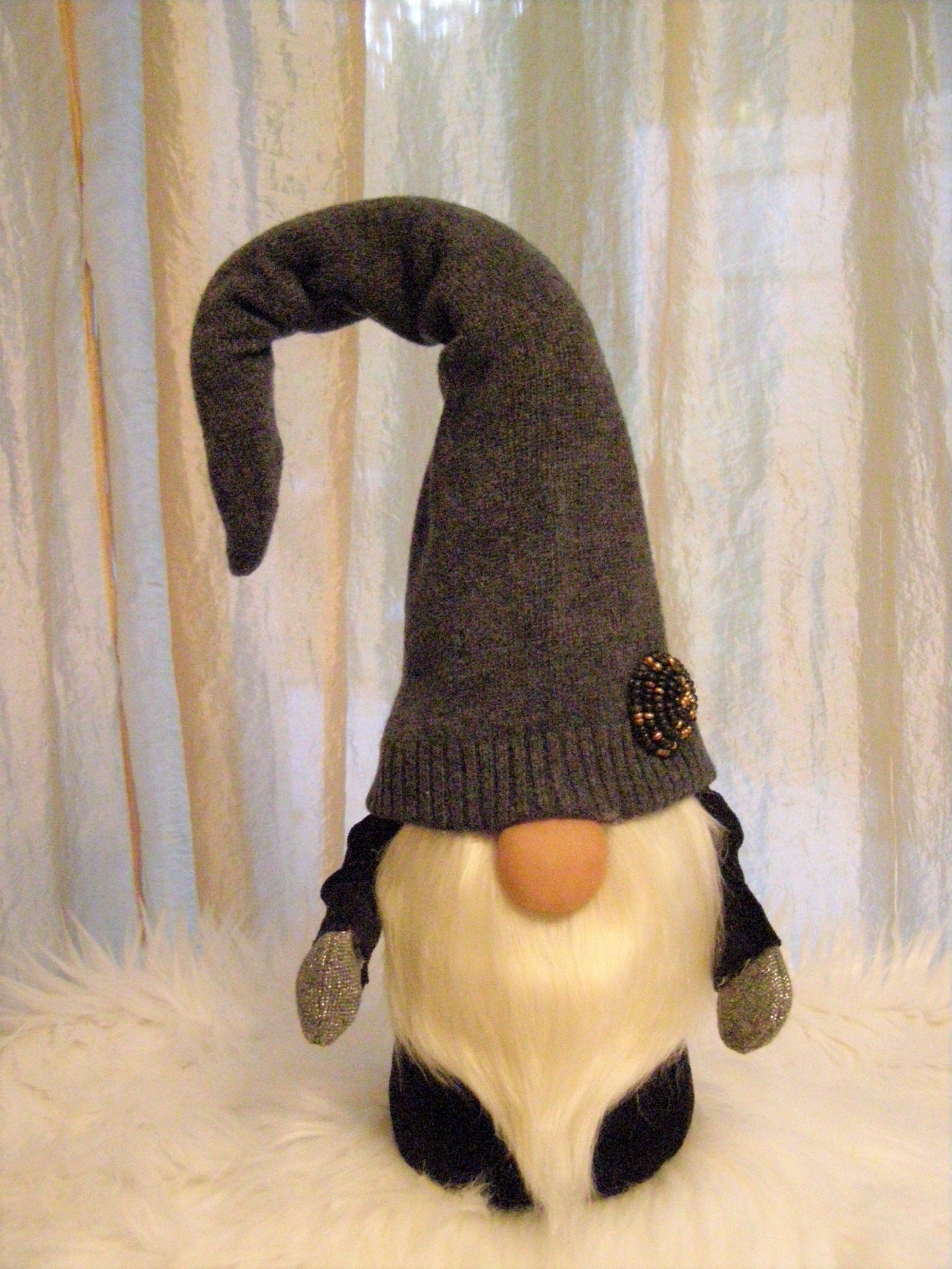 GNOME Large Black Velvet/gray Knit Hat Handmade One of a Kind Etsy