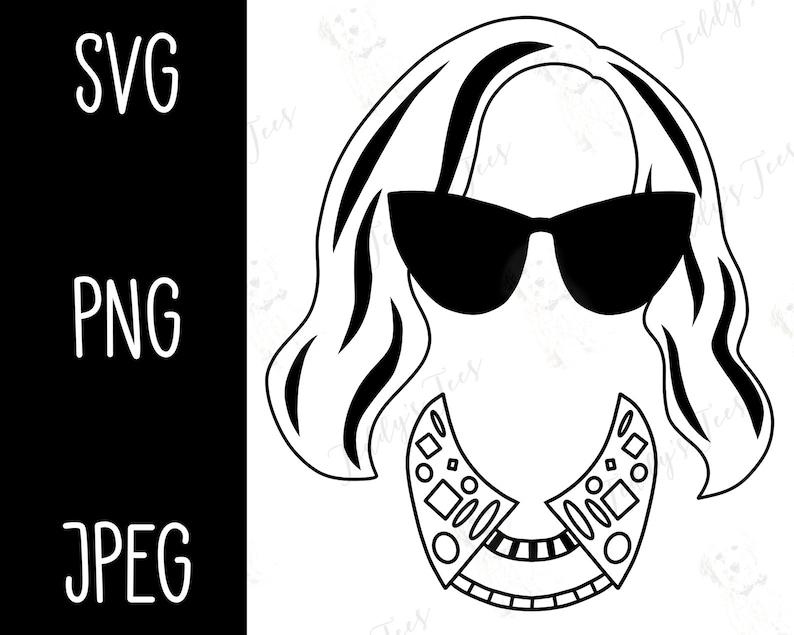 May include: Black and white graphic of a woman's face wearing sunglasses and a decorative collar. The image includes the text "SVG", "PNG", and "JPEG" on a black background.
