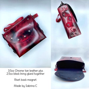 May include: A red leather crossbody bag with a flap closure and silver rivets. The bag has a black lining and a magnetic closure. The bag is made by Sabrina C.