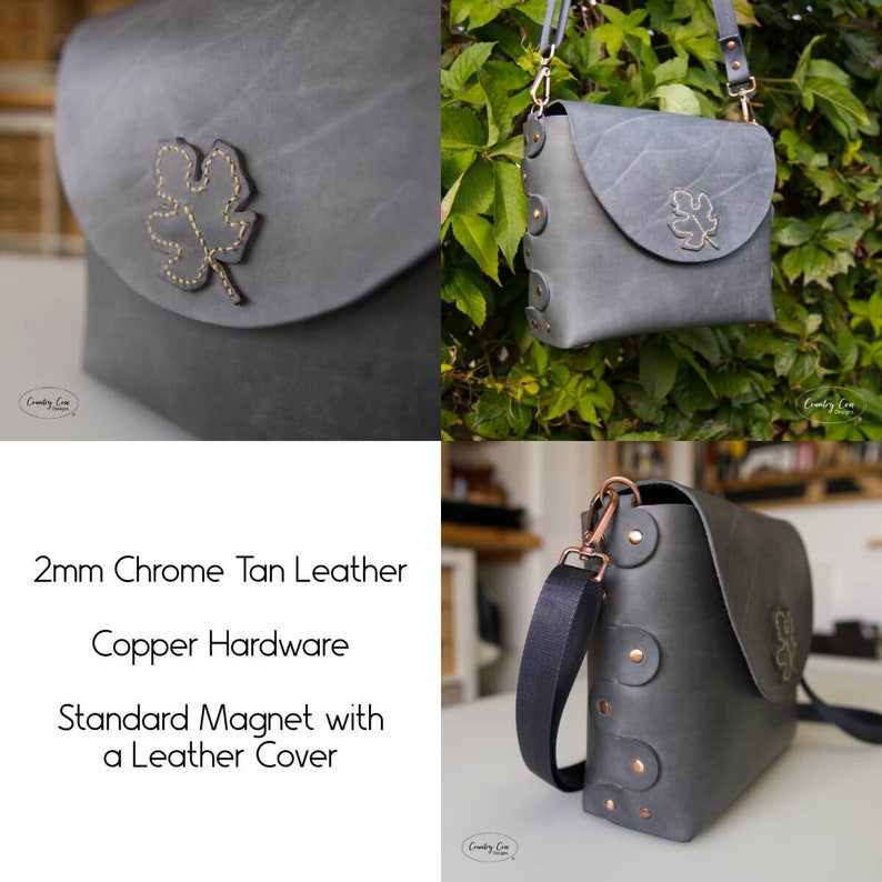 May include: A gray leather crossbody bag with a copper clasp and a leaf design. The bag has a magnetic closure and a black adjustable strap. 2mm Chrome Tan Leather Copper Hardware Standard Magnet with a Leather Cover.
