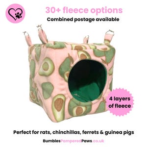 May include: A pink fleece pet house with a green avocado pattern. The house has a circular opening and is labeled with "4 layers of fleece" and "30+ fleece options". The text "Perfect for rats, chinchillas, ferrets & guinea pigs" is also visible.