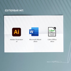 Pu&ograve; includere: Un foglio di carta bianco con il testo tedesco "EDITIERBAR MIT:" e tre icone di software: Adobe Illustrator, Microsoft Word e Libre Office. Ogni icona &egrave; etichettata con il suo nome e l'estensione del file.