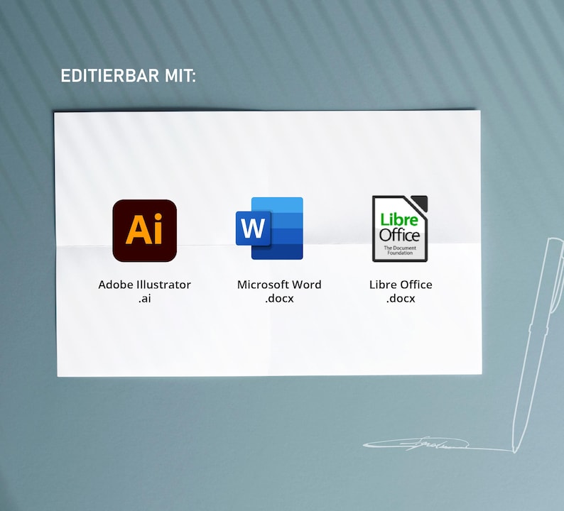 Pu&ograve; includere: Un foglio di carta bianco con il testo tedesco "EDITIERBAR MIT:" e tre icone di software: Adobe Illustrator, Microsoft Word e Libre Office. Ogni icona &egrave; etichettata con il suo nome e l'estensione del file.