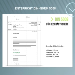 Pu&ograve; includere: Schema di layout di lettera commerciale, con misure in centimetri. Lo schema include sezioni per l'indirizzo del destinatario, l'oggetto, il saluto e il corpo del testo. Il testo include "DIN 5008" e "Standard per i margini".