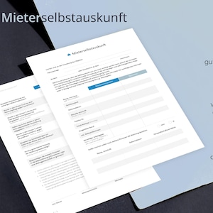 Könnte beinhalten: Ein weißes Dokument mit dem Titel Mieterselbstauskunft und einem blauen Haus-Symbol. Das Formular enthält Felder für persönliche Daten, Beruf und Mietverlauf. Symbole rechts zeigen an, dass das Dokument gut strukturiert, vollständig editierbar und druckfertig ist.