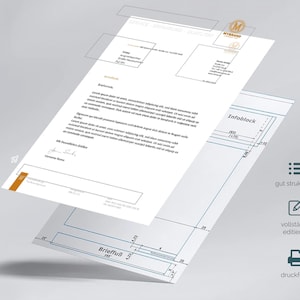 Pu&ograve; includere: Un design grafico a strati con una carta intestata con testo e un documento in stile blueprint. La carta intestata ha un logo arancione e bianco. Il blueprint include misure in centimetri. L'immagine include anche il testo "gut strukturiert", "vollst&auml;ndig editierbar" e "druckfertig".