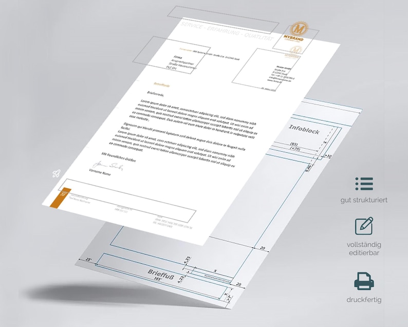 Pu&ograve; includere: Un design grafico a strati con una carta intestata con testo e un documento in stile blueprint. La carta intestata ha un logo arancione e bianco. Il blueprint include misure in centimetri. L'immagine include anche il testo "gut strukturiert", "vollst&auml;ndig editierbar" e "druckfertig".