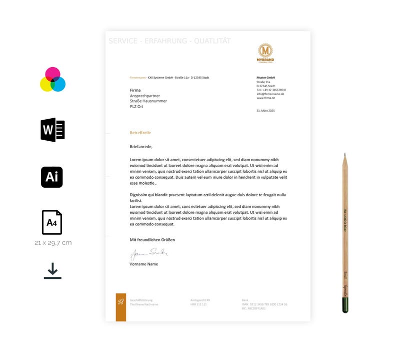 Pu&ograve; includere: Carta bianca in formato A4 con testo nero, un logo e una matita. La carta include il testo "SERVICE - ERFAHRUNG - QUALITAT" nella parte superiore. Le dimensioni della carta sono 21 x 29,7 cm.
