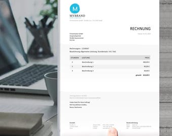 May include: A white invoice document titled RECHNUNG featuring a blue circular logo with the letter M and the text MYBRAND. The document includes a table with columns for hours, description, and price, totaling 410,00 € with contact details.